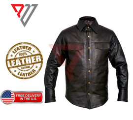 Men's Lambskin Soft Black Leather Slim Fit Full Sleeve Biker Casual Button Shirt