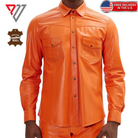 Men's Genuine Lambskin Soft Orange Leather Slim Fit Style Casual Button Shirt