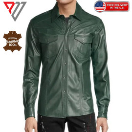 Men's Lambskin Soft Green Leather Slim Fit Full Sleeve Biker Casual Button Shirt