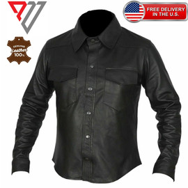Men's Genuine Lambskin Soft Black Leather Slim Fit Full Sleeve Button Shirt