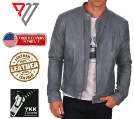 Men's Real Lambskin Soft Gray Leather Classic Slim Fit Motorcycle Biker Jackets