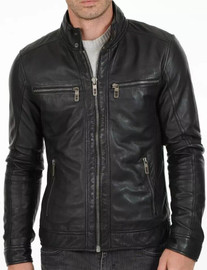 Black Genuine Leather Jacket Soft Lambskin Men Biker Motorcycle Zipper Jacket