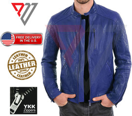Men's Real Lambskin Soft Blue Leather Classic Slim Fit Motorcycle Biker Jackets