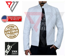 Mens Real Lambskin Soft White Leather Classic Slim Fit Motorcycle Biker Jackets