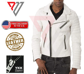 Men's Real Lambskin White Leather Classic Slim Fit Motorcycle Biker Jackets
