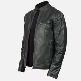 Men's Genuine Lambskin Leather Black Biker Motorcycle Jacket Cafe Racer Jacket