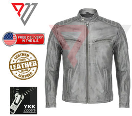 Men Real Lambskin Soft Gray Leather Classic Slim Fit Motorcycle Biker Jackets PWV-LJ9-GY