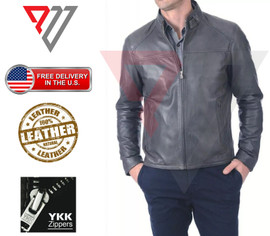 Men Real Lambskin Soft Gray Leather Classic Slim Fit Motorcycle Biker Jackets PWV-LJ6-GY