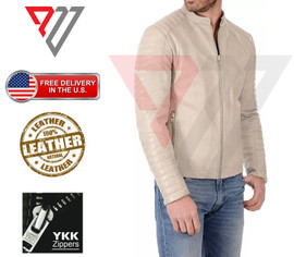Men Real Lambskin Soft White Leather Classic Slim Fit Motorcycle Biker Jackets PWV-LJ5-W