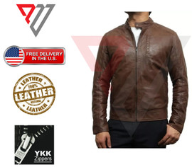 Men's Real Lambskin Soft Brown Leather Classic Slim Fit Motorcycle Biker Jackets PWV-LJ20-BR