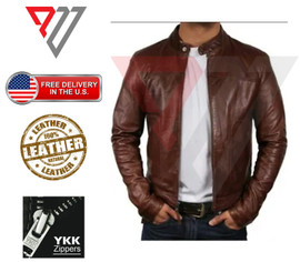 Men's Real Lambskin Soft Brown Leather Classic Slim Fit Motorcycle Biker Jackets PWV-LJ24-BR