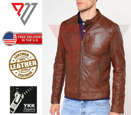 Men's Real Lambskin Soft Brown Leather Classic Slim Fit Motorcycle Biker Jackets PWV-LJ19-BR