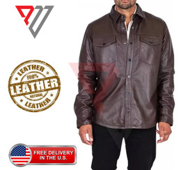 Men's Lambskin Soft Brown Leather Slim Fit Full Sleeve Biker Casual Button Shirt PWV-LS5