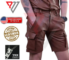 Men's Brown Genuine Leather Shorts Sexy Club Wear Gay Fetish Classic Real Short PWV-LSHORT10