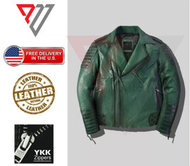 Men's Real Lambskin Soft Green Leather Classic Slim Fit Motorcycle Biker Jackets PWV-LJ3-GE