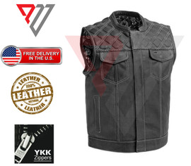Men Black Genuine Leather Motorcycle Vest/Slim Fit Sleeveless Jacket/Biker Vest PWV-LV14