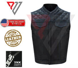 Men Black Genuine Leather Motorcycle Vest/Slim Fit Sleeveless Jacket/Biker Vest PWV-LV13