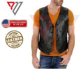 Men Black Genuine Leather Motorcycle Vest/Slim Fit Sleeveless Jacket/Biker Vest PWV-LV3