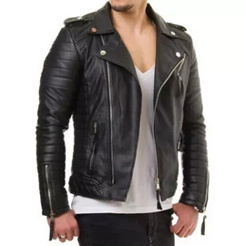 Men's Leather Jacket Biker Motorcycle Genuine Lambskin Black Fashion Jacket Coat PWV-LJ30