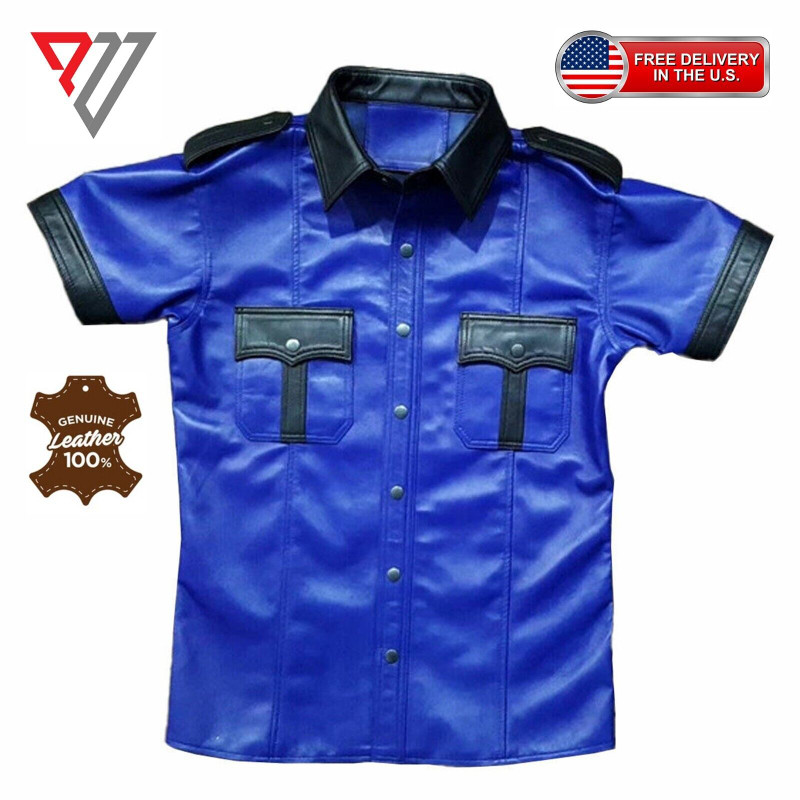 Men's Lambskin Soft Blue Leather Slim Fit Half Sleeve Biker Casual Button Shirt