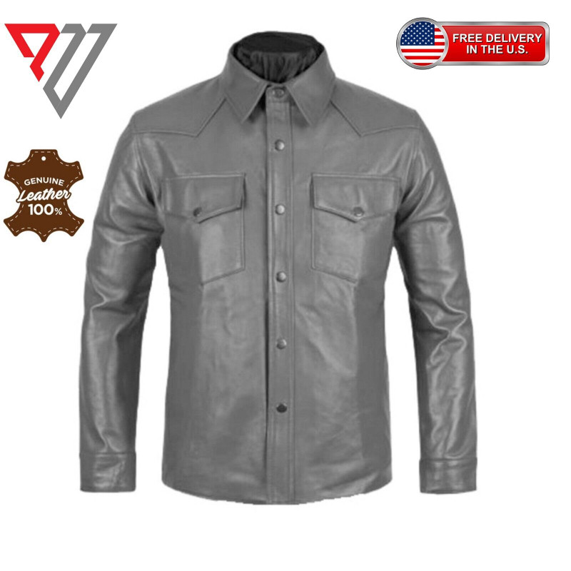 Men's Lambskin Soft Gray Leather Slim Fit Full Sleeve Biker Casual Button Shirt