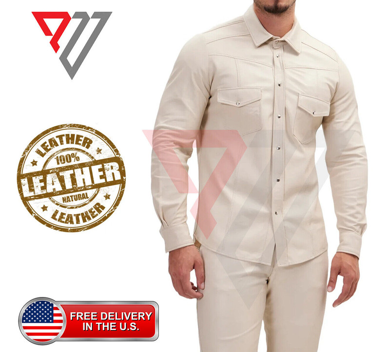 Men's Lambskin Soft Beige Leather Slim Fit Full Sleeve Biker Casual Button Shirt