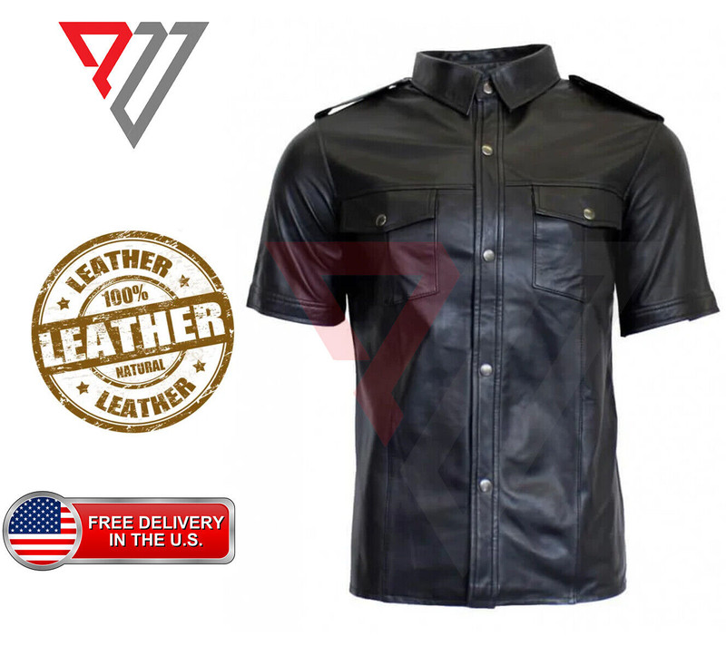 Men Lambskin Black Leather Slim Fit Half Sleeve Biker Casual Style Button Shirt