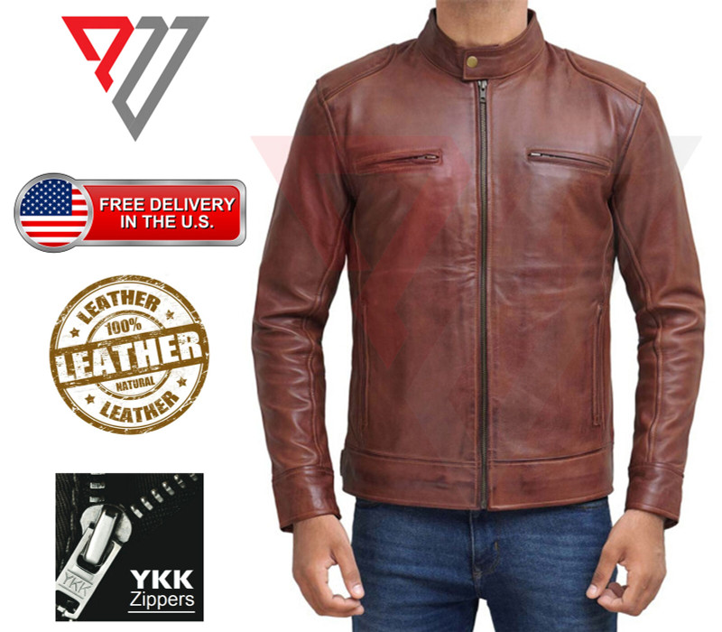 Men's Real Lambskin Soft Brown Leather Classic Slim Fit Motorcycle Biker Jackets