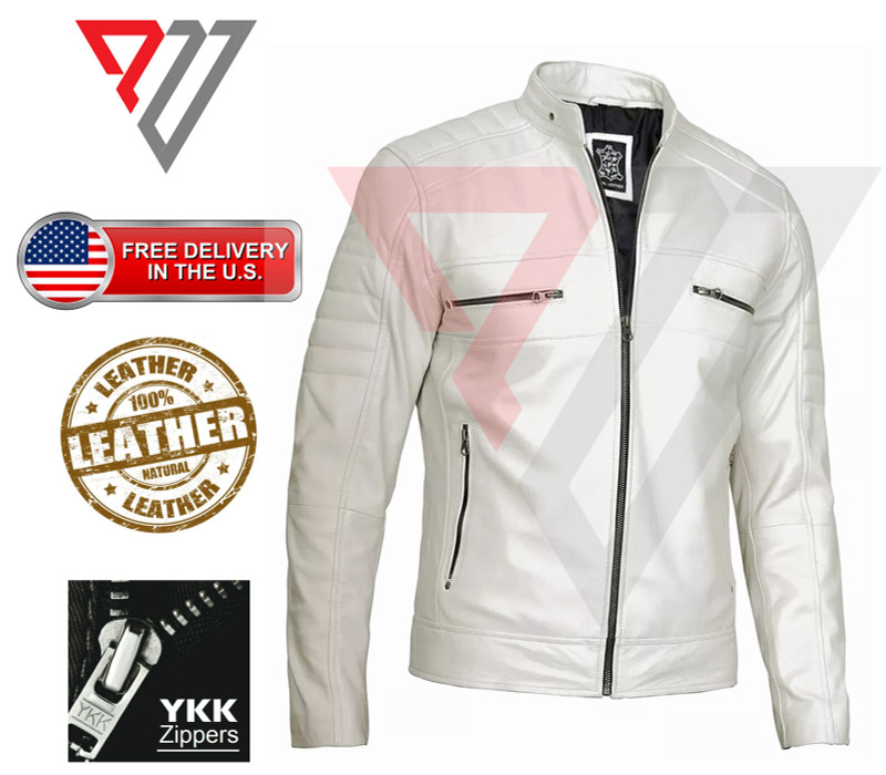 Men's Real Lambskin Soft White Leather Classic Slim Fit Motorcycle Biker Jackets