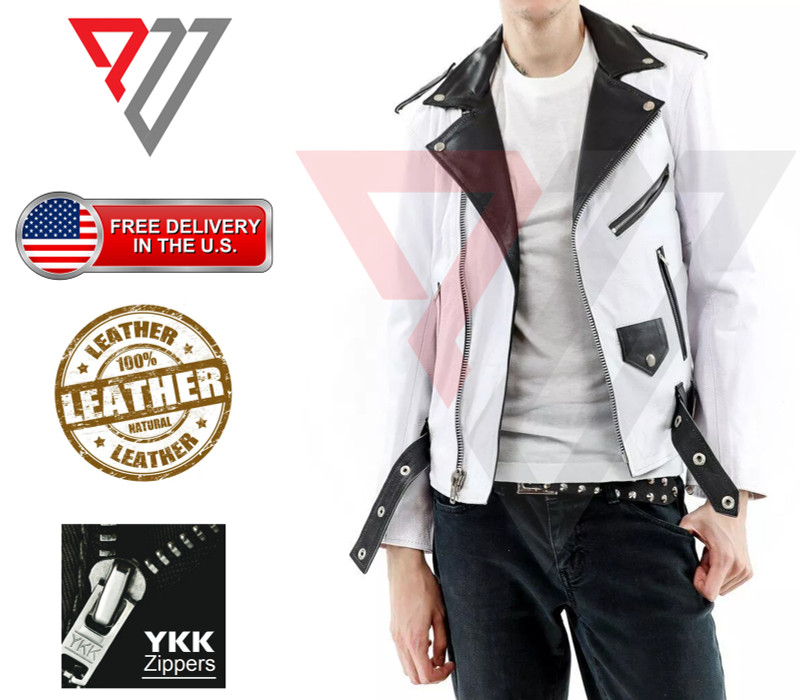 Men Real Lambskin Soft White Leather Classic Slim Fit Motorcycle Biker Jackets PWV-LJ2-W