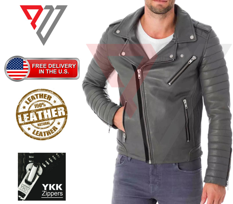 Men Real Lambskin Soft Gray Leather Classic Slim Fit Motorcycle Biker Jackets PWV-LJ4-GY