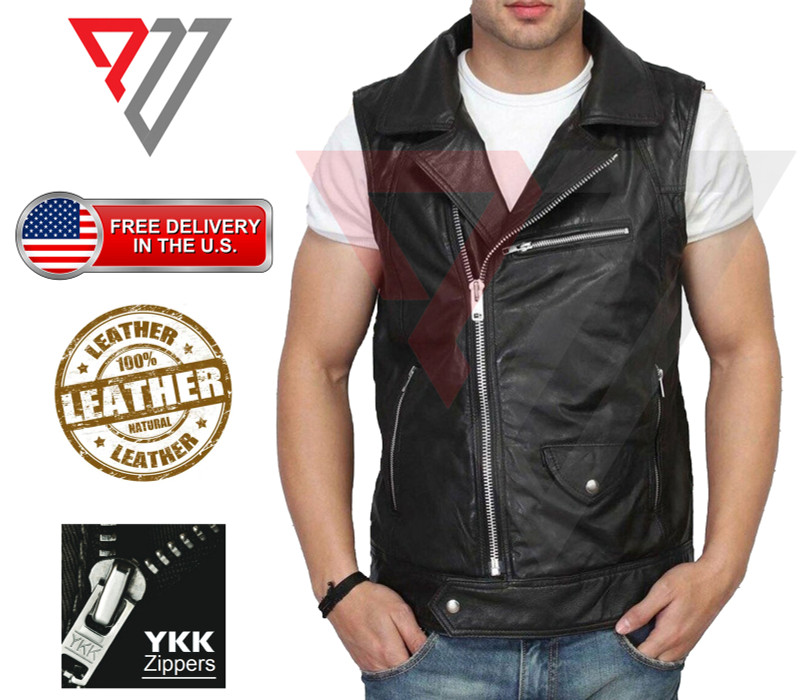 Mens Black Genuine Leather Motorcycle Vest/Slim Fit Sleeveless Jacket/Biker Vest PWV-LV9