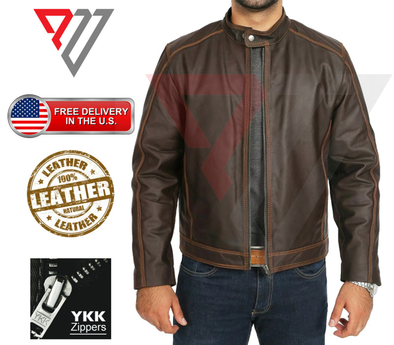 Men's Real Lambskin Soft Brown Leather Classic Slim Fit Motorcycle Biker Jackets PWV-LJ26-BR