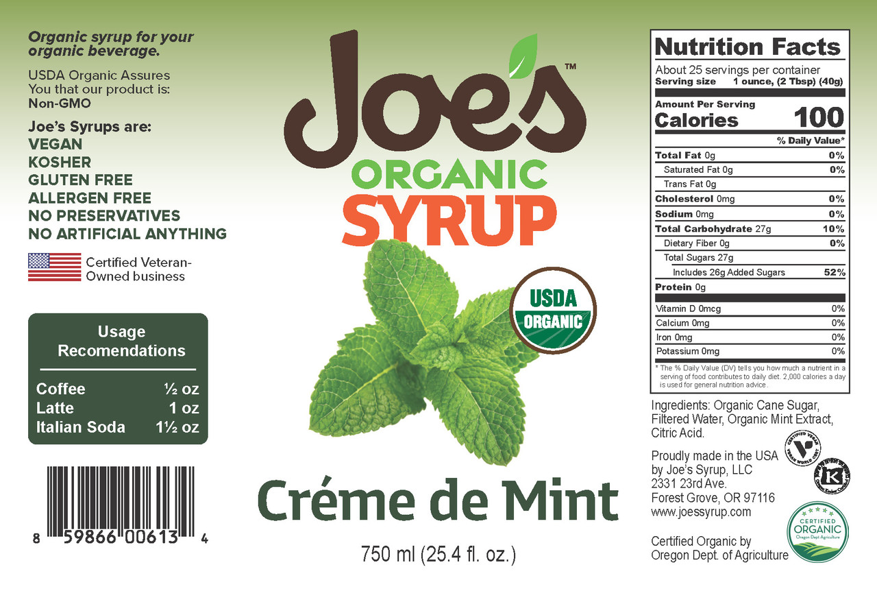USDA Organic CREME DE MINT - Joe's Syrup