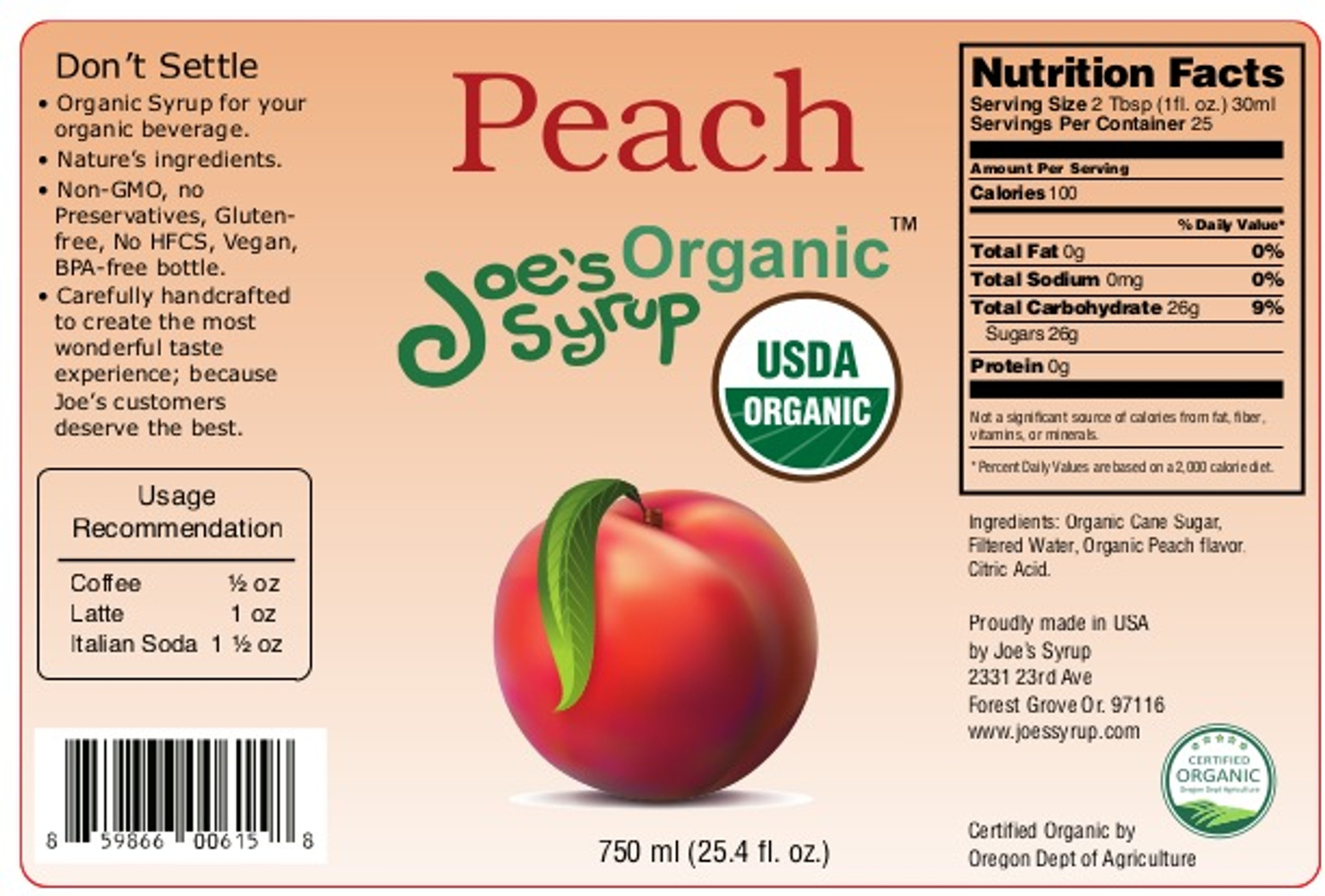 USDA Organic PEACH - Joe's Syrup