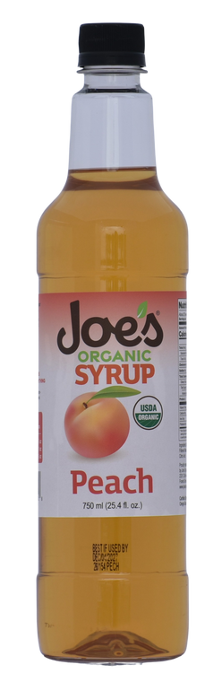 Joe's organic Peach syrup is so good, you can almost taste the fuzz on the skins.  Available year round. Made with care, using organic cane sugar, organic peach, and just enough citric acid to give it the snappiness of a peach fresh off the tree.