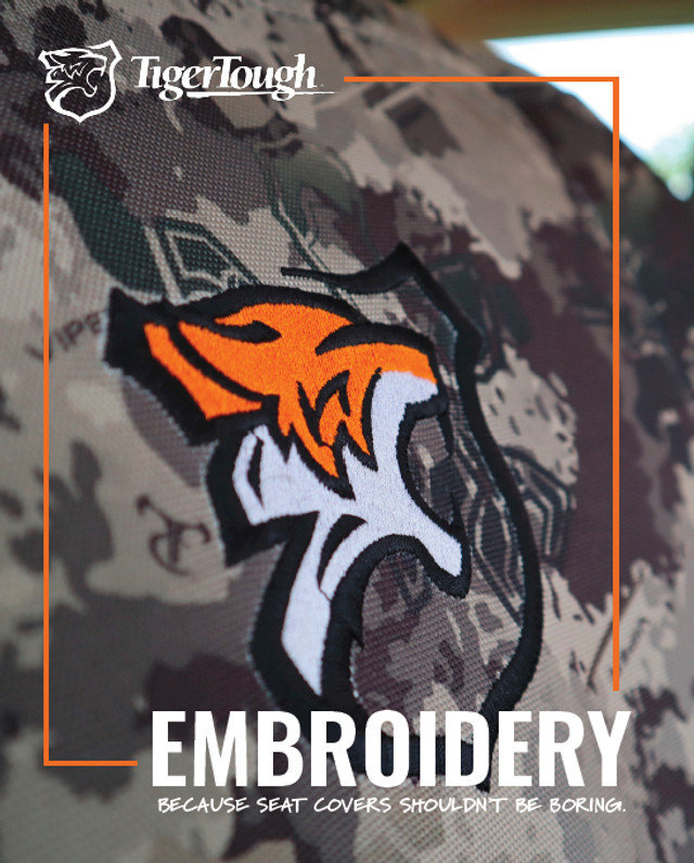 TigerTough offers 18 stock embroidery designs to add to your truck seat cover!