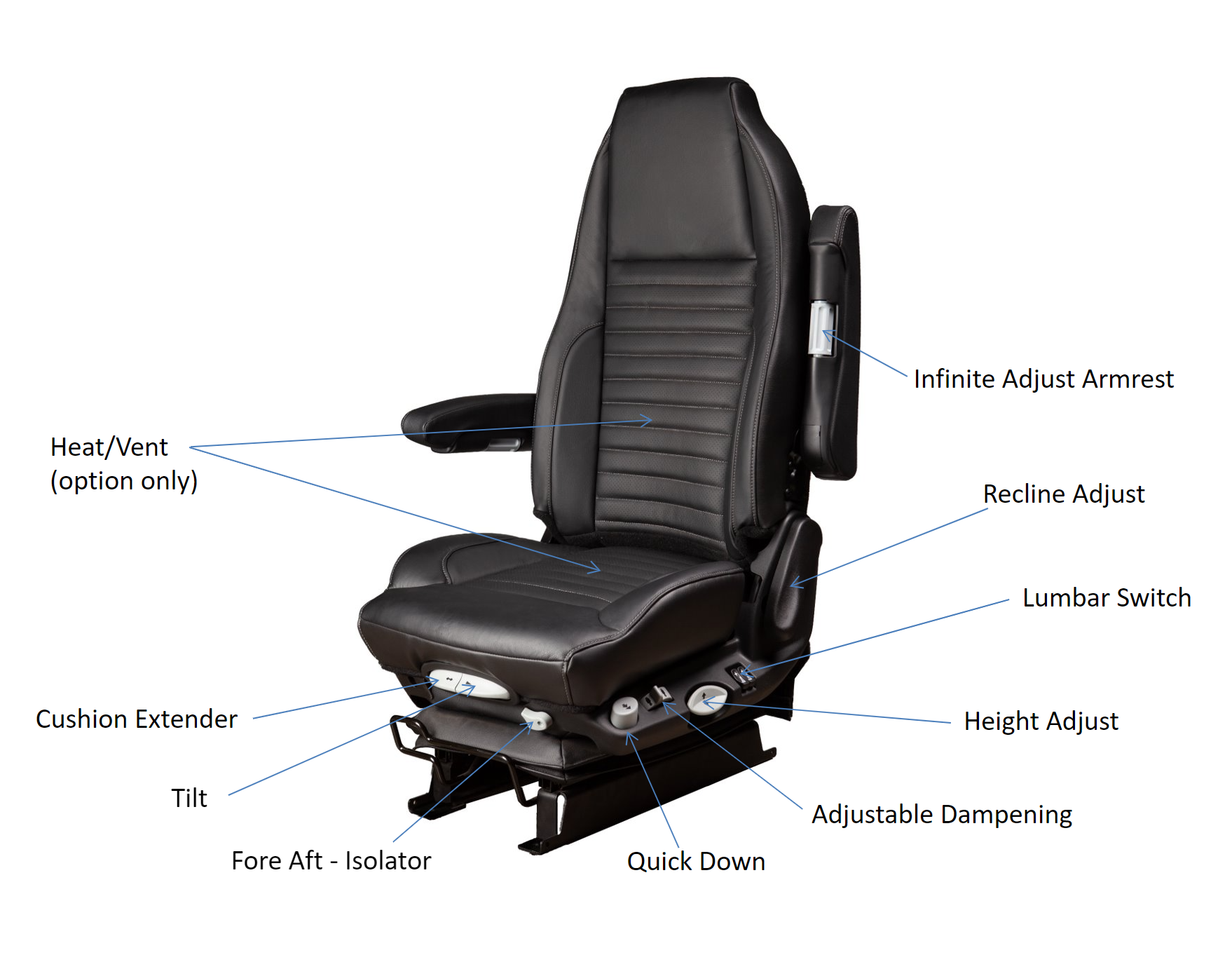 GraMag Black Genuine Leather with Heat and Vent Option Truck Seat