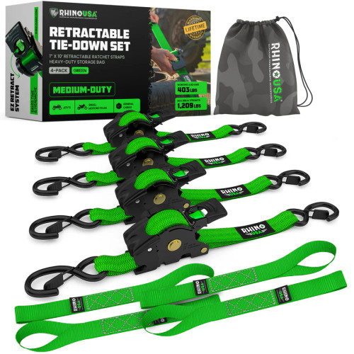 Rhino USA Retractable Ratchet Straps (4Pk 1Inx10Ft) (Green)