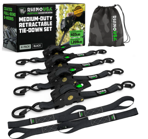 Rhino USA Retractable Ratchet Straps (4Pk 1Inx10Ft) (Black)