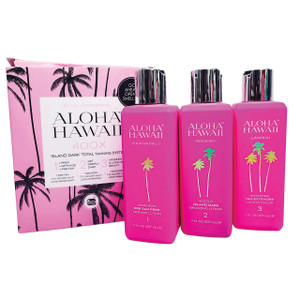 Aloha Hawaii (NEW!)
Aloha Hawaii (NEW)
400X Island Dark Total Tanning System

Say Aloha to the tanning system you can’t live without. Aloha Hawaii is the unlocked secret to a bronze glow of a true Island Goddess. When used together these 3 special lotions work their spell to reveal your most breathtaking tan yet. It’s impossible to say where this exotic Hawaiian magic ends and the science begins, but you will love every part of the journey.

• Three perfect steps: Prep, Bronze, and Lock-In Color

• 400X Bronzers are tanning bed magic

• Island Extracts pamper your tan for an exotic Hawaiian glow

• Advanced Tattoo Enhancing gives your body art increased
vibrancy

• Cocktail fragrancing: each fragrance “cocktails” together for a wonderful scent

• Clean Beauty Inspired- consciously created for you & our environment