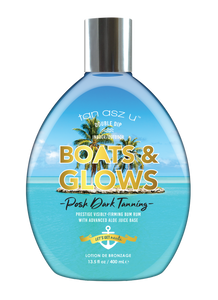 (NEW) Boats & Glows™
Posh Dark Tanning Lotion
Prestige Visibly-Firming Bum Rum with Advanced Aloe Juice Base
Indoor/Outdoor Double Dip Formula
 
Glow like you own the yacht with Boats & Glows, the posh dark tanning *bum rum* made for smooth sails and even smoother skin. This luxe, booty-loving lotion delivers deep island color and elite skin-firming, leaving your cheeks (and everything else) sun-kissed, supple, and ready to flaunt. 
• Posh Double Dip formula with Aloe Base gets your skin DARK
• Prestige ultra-firming formula with Peptides, Ceramides, Hyaluronic Acid, Guaraná extract & Cupuacu Butter is EVERYTHING perfect skin needs
• TAU’s Inktuition Tigergrass Tattoo Complex enhances your ink’s vibrancy 
Fragrance: Salted Cream Sandlewood

