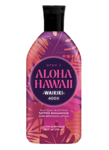 (NEW 10oz) Aloha Hawaii Waikiki™
400X Plateau Busting & Tattoo Enhancing Dark Bronzing Lotion
Let your glow take a tropical vacation. Aloha Hawaii is always on island time with this fast-pass to bronzed, beachy skin with gorgeous color & juicy hydration thanks to this formula with kukui, carrot, and coconutty goodness. Add in our potent tattoo-enhancing, and watch your ink and beautiful bronze pop for an island glow with Hawaiian soul.
Fragrance: Island Sugar Vibes
