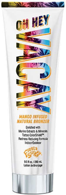 Fiesta Sun Oh Hey Vacay Mango Infused Natural Bronzer Tanning Lotion
Size: 9.5 fl. oz.

Oh Hey, Vacay! This nutrient rich Mango infused Natural Bronzer will have you saying Vacation Mode On in no time. Enriched with Marine Minerals and Extracts that helps provide nourishment for brighter, beautiful skin plus anti aging benefits for a younger looking appearance. Anti Reddening Peppermint Leaf Extract helps reduce redness for softer skin while allowing that bronze glow to shine through.
 
Features & Benefits:

Natural Streak Free Bronzers help skin to further darken after UV exposure for a deeper, darker, more natural looking tan.
Sea Salt and Sea Kelp condition and revitalize skin while helping to diminish and smooth fine lines.
Peppermint Leaf Extract helps to reduce redness, calm and soothe irritated skin.
Tattoo ColorShield Technology™ combines essential Minerals, Aloe Vera and Algae to help maintain the color and vibrancy of tattoos.
Vitamins A, C and E
Caffeine
Green Tea Extract
Aloe Vera
Indoor/Outdoor
Paraben Free
Odor Shield Technology
Fragrance: Sweet Mango and Mint