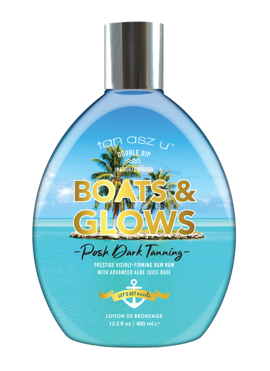 (NEW) Boats & Glows™
Posh Dark Tanning Lotion
Prestige Visibly-Firming Bum Rum with Advanced Aloe Juice Base
Indoor/Outdoor Double Dip Formula
 
Glow like you own the yacht with Boats & Glows, the posh dark tanning *bum rum* made for smooth sails and even smoother skin. This luxe, booty-loving lotion delivers deep island color and elite skin-firming, leaving your cheeks (and everything else) sun-kissed, supple, and ready to flaunt. 
• Posh Double Dip formula with Aloe Base gets your skin DARK
• Prestige ultra-firming formula with Peptides, Ceramides, Hyaluronic Acid, Guaraná extract & Cupuacu Butter is EVERYTHING perfect skin needs
• TAU’s Inktuition Tigergrass Tattoo Complex enhances your ink’s vibrancy 
Fragrance: Salted Cream Sandlewood
