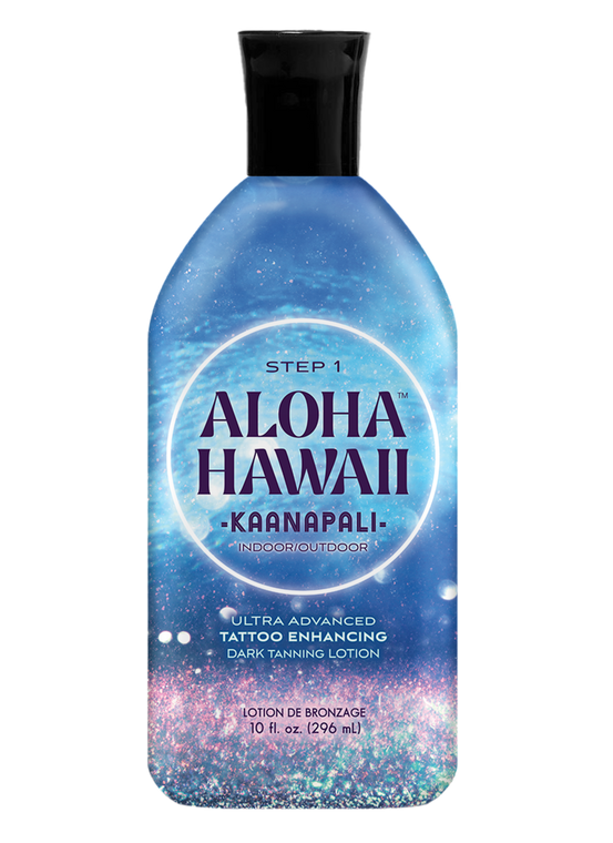 (NEW 10oz) 10oz Aloha Hawaii Kaanapali™
Ultra Advanced Tattoo Enhancing Dark Tanning Lotion
Indoor/Outdoor
Let your glow take a tropical vacation. Aloha Hawaii is always on island time with this fast pass to bronzed, beachy skin with gorgeous color & juicy hydration thanks to this formula with a cocktail of pineapple dreams and coconutty goodness. Add in our potent tattoo-enhancing, and watch your ink and beautiful bronze pop for an island glow with Hawaiian soul. 
Fragrance: Neon Bumbleberry
