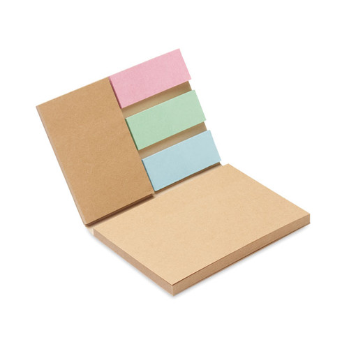 Set de note autoadezive personalizate de 2 dimensiuni,3 marcatoare de pagina de culori diferite, cu coperta din hartie reciclata.