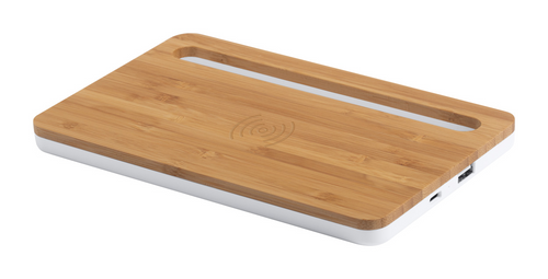 Bamboo desk organizer and mobile phone holder with built-in wireless charger.