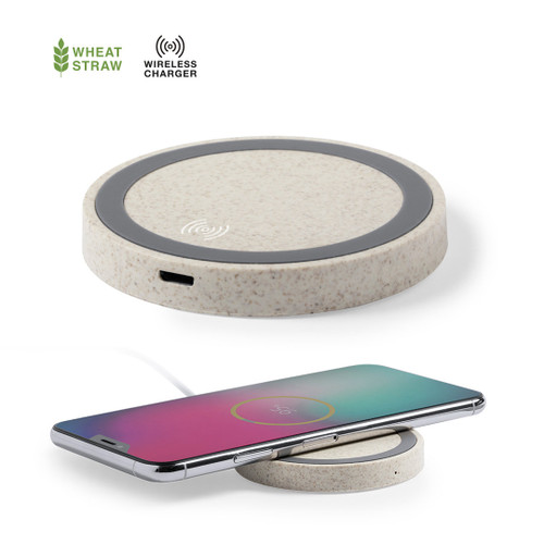 Wireless charger in round ecological wheat straw (35%) and ABS (65%). | goodiebags