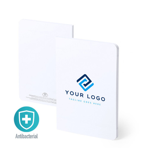 Antibacterial laminated cardboard covered notebook with 80 blank sheets. A5 size = goodiebags